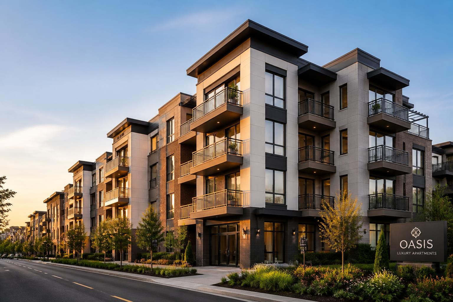 Modern multifamily apartment building at golden hour